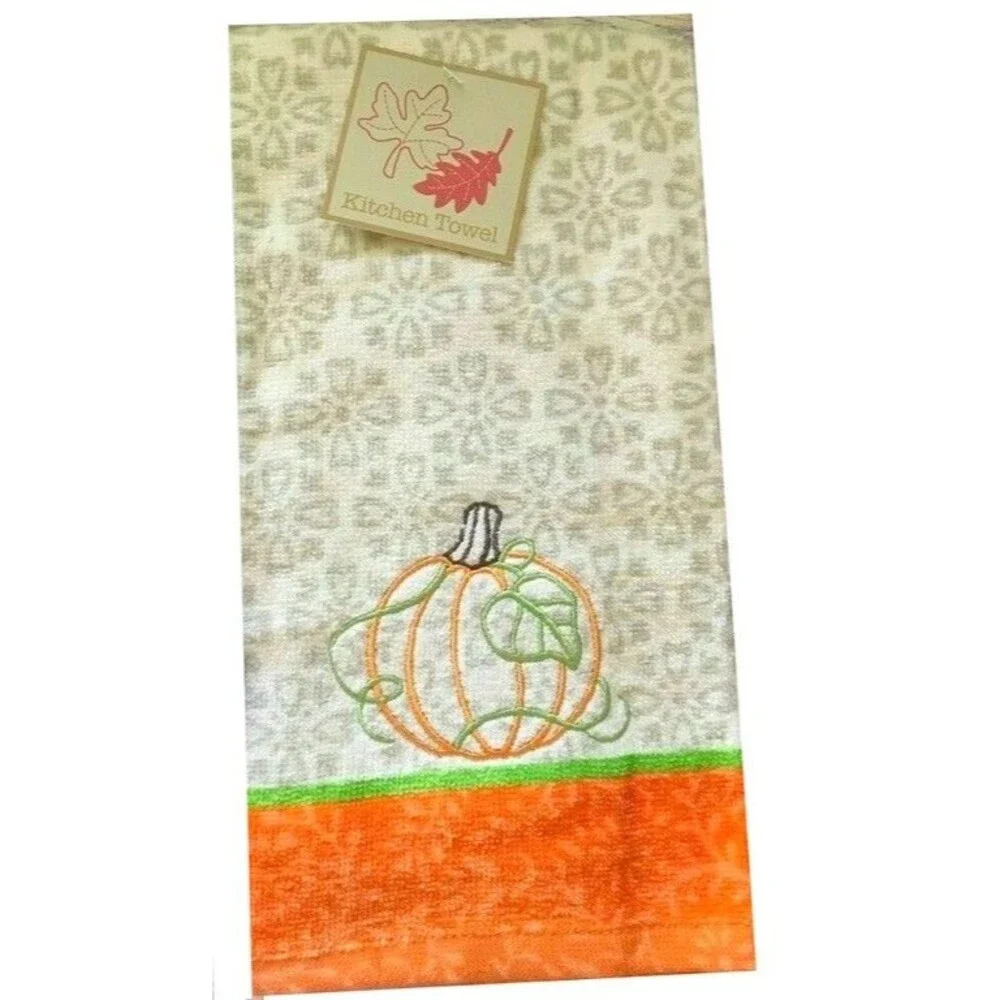 Thanksgiving Dish Towels Set of 3 Plush Embroidered Cotton Pumpkin Fall Autumn